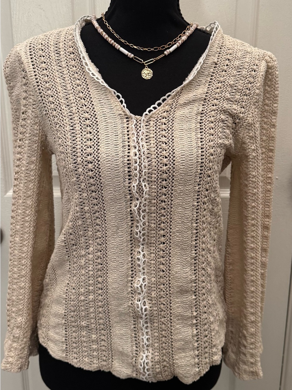 Light Beige Crochet V-Neck Sweater
